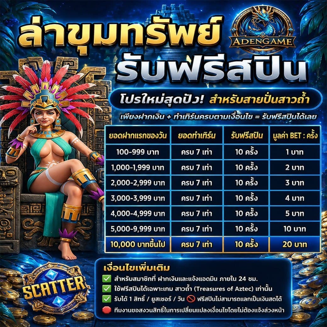 ล่าขุมทรัพย์ รับฟรีสปิน ADENGAME โปรใหม่สุดปังสำหรับสายปั่นสาวถ้ำ Treasures of Aztec